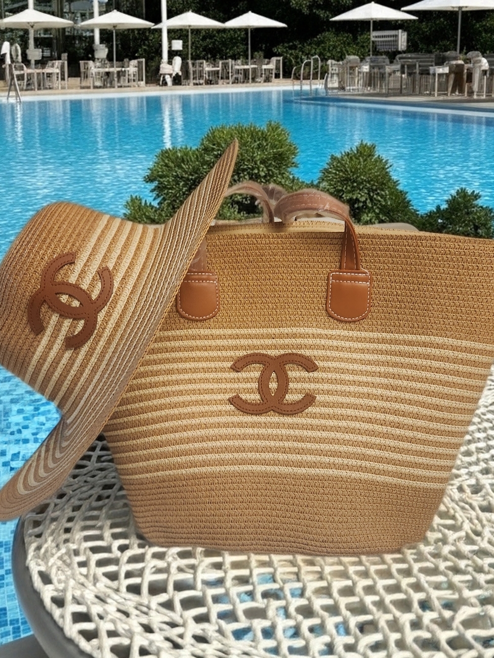 NEW Designer-Inspired CC Straw Tote and Hat Set - Tan